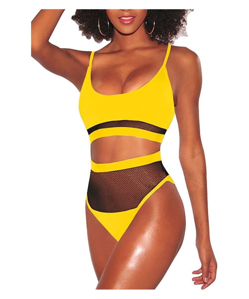 Sets Women's Sexy Wire Free Strappy Push Up Lined Two Piece Bikini Swimsuit - Mesh Yellow - CL18N9WMZME