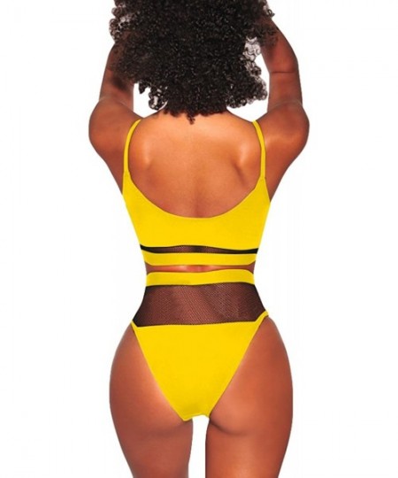 Sets Women's Sexy Wire Free Strappy Push Up Lined Two Piece Bikini Swimsuit - Mesh Yellow - CL18N9WMZME