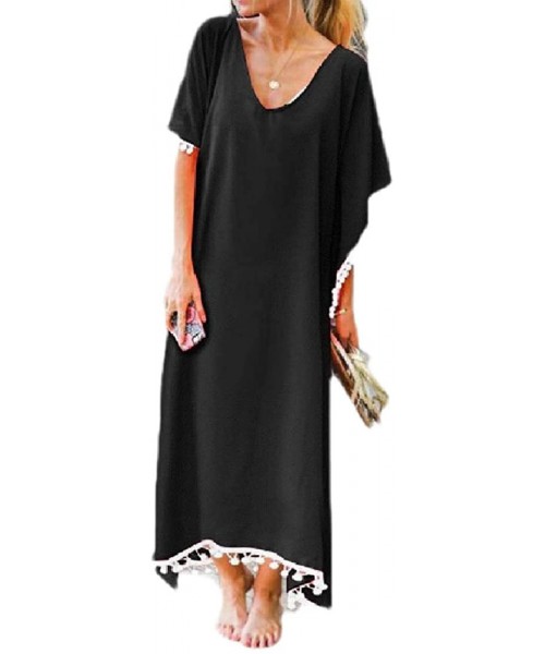 Cover-Ups Womens Bat Sleeve Long Beach Tassel Summer Dress Coverup - Black - C3199N7ZEOG