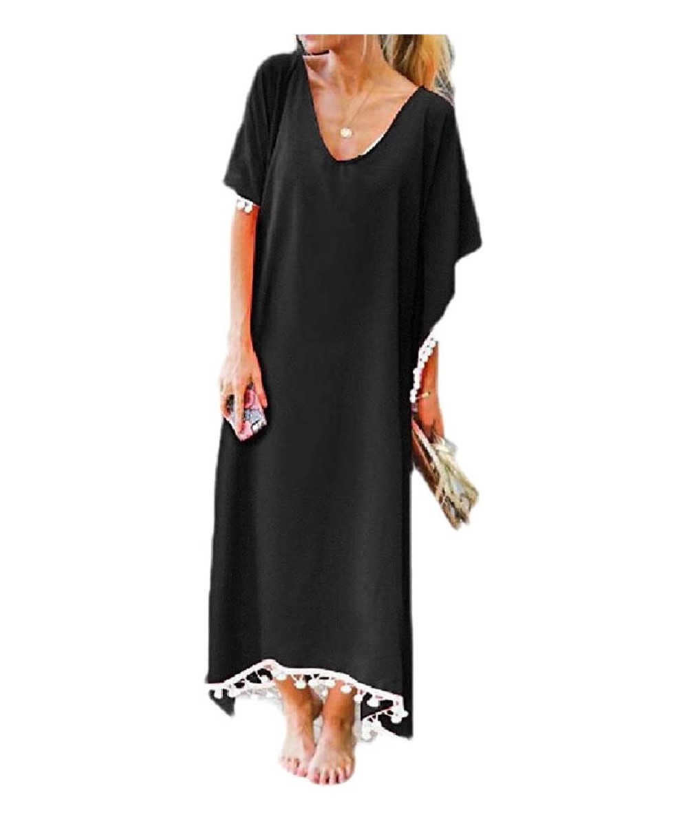 Cover-Ups Womens Bat Sleeve Long Beach Tassel Summer Dress Coverup - Black - C3199N7ZEOG