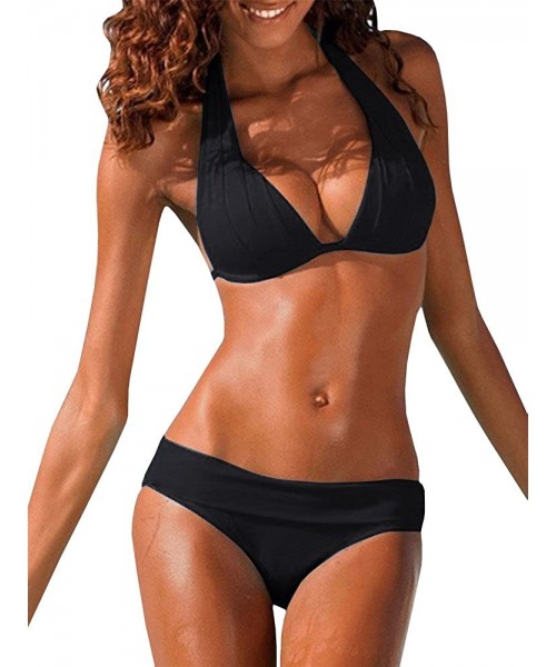 Sets Womens Halter Padded Top Push Up Bikini Set Two Piece Swimsuits Bathing Suits Beachwear - Black - CR1926X7OU6