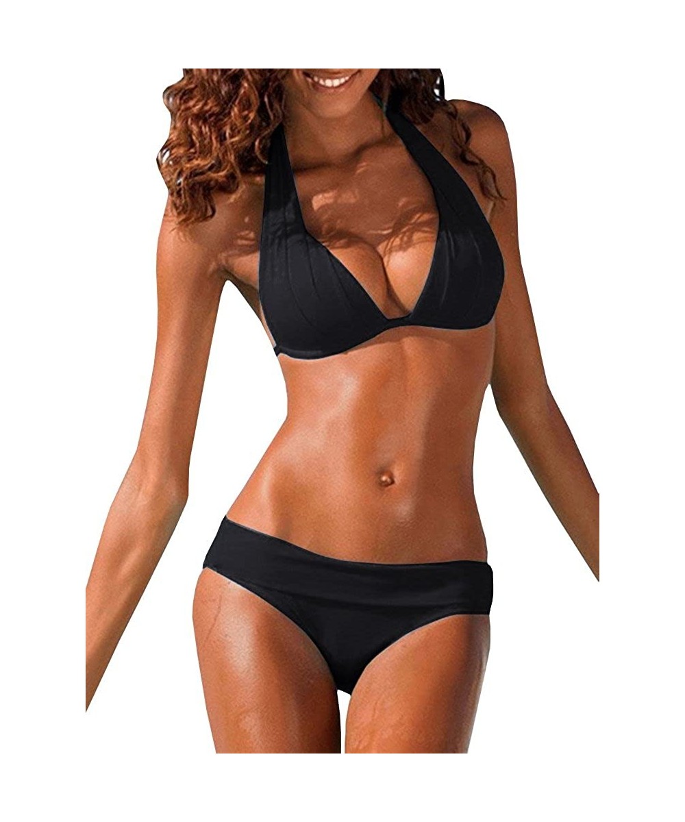 Sets Womens Halter Padded Top Push Up Bikini Set Two Piece Swimsuits Bathing Suits Beachwear - Black - CR1926X7OU6