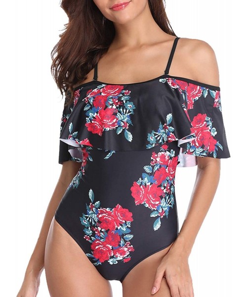 One-Pieces Women's One Piece Swimsuit Vintage Off Shoulder Ruffled Bathing Suits - C-black Floral - C018G9RUD65