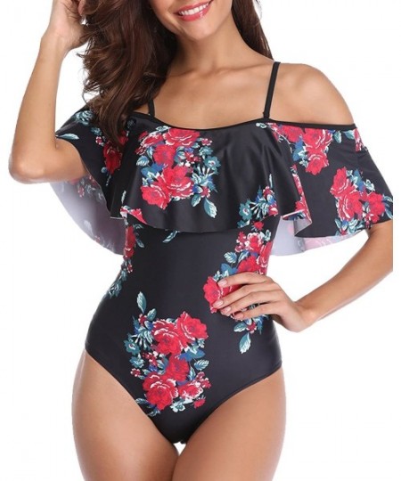 One-Pieces Women's One Piece Swimsuit Vintage Off Shoulder Ruffled Bathing Suits - C-black Floral - C018G9RUD65