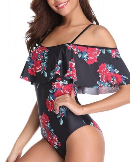 One-Pieces Women's One Piece Swimsuit Vintage Off Shoulder Ruffled Bathing Suits - C-black Floral - C018G9RUD65