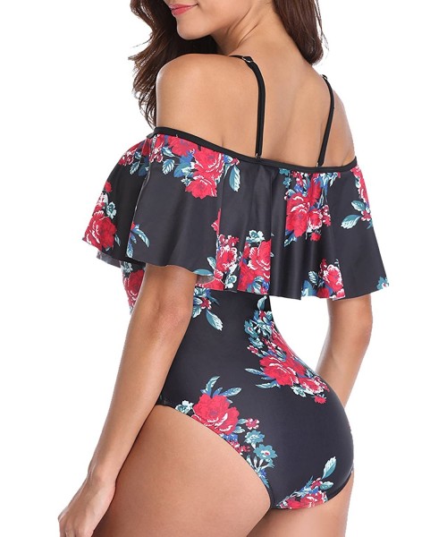 One-Pieces Women's One Piece Swimsuit Vintage Off Shoulder Ruffled Bathing Suits - C-black Floral - C018G9RUD65