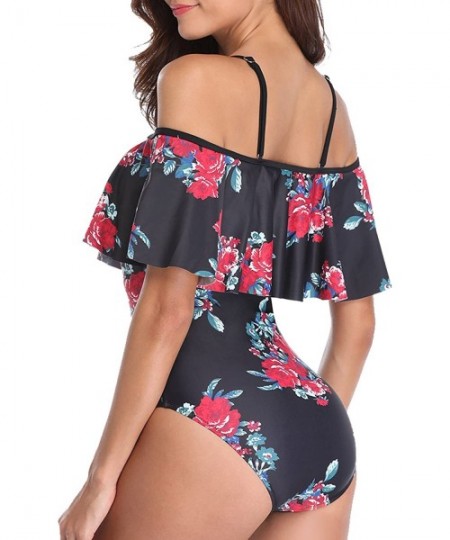 One-Pieces Women's One Piece Swimsuit Vintage Off Shoulder Ruffled Bathing Suits - C-black Floral - C018G9RUD65