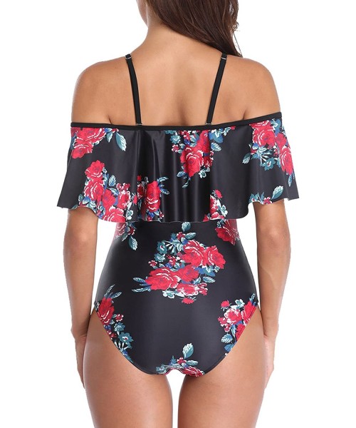 One-Pieces Women's One Piece Swimsuit Vintage Off Shoulder Ruffled Bathing Suits - C-black Floral - C018G9RUD65