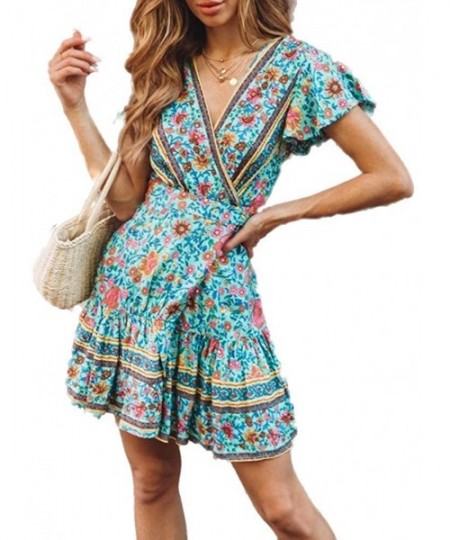 Cover-Ups Women Floral Printed Boho Short Sleeve V Neck Swing A-Line Mini Dress Summer Beach - Green - CZ18Q8UA9O4