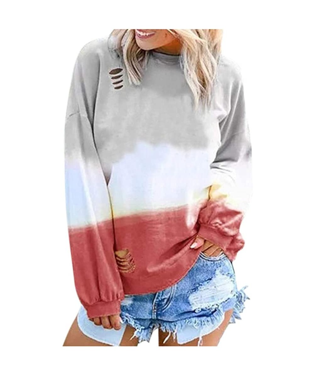 Cover-Ups Blouses for Womens Gradient Patchwork Color Block Long Sleeve Crew Neck Hollow Out Tshirt Tops Sweatshirt 2 Red - C...