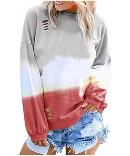 Cover-Ups Blouses for Womens Gradient Patchwork Color Block Long Sleeve Crew Neck Hollow Out Tshirt Tops Sweatshirt 2 Red - C...