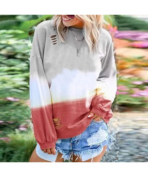 Cover-Ups Blouses for Womens Gradient Patchwork Color Block Long Sleeve Crew Neck Hollow Out Tshirt Tops Sweatshirt 2 Red - C...