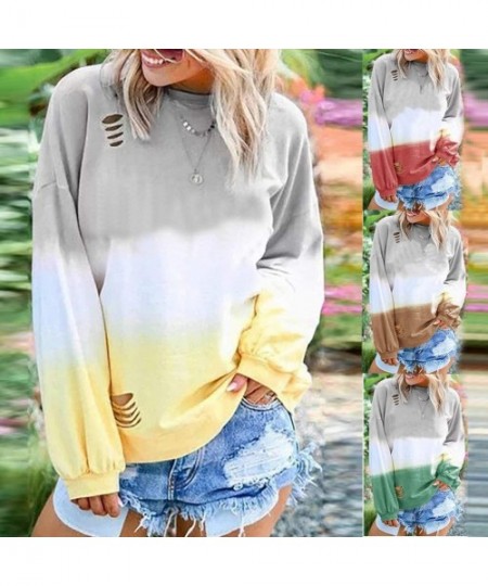 Cover-Ups Blouses for Womens Gradient Patchwork Color Block Long Sleeve Crew Neck Hollow Out Tshirt Tops Sweatshirt 2 Red - C...