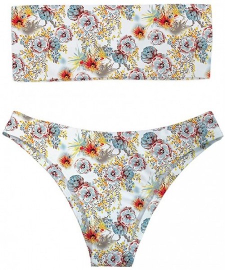 Sets Women Fashion Printed Bandeau Bikini Set Strapless High Cut Swimsuit - Flower 6 - C018QYC33W0