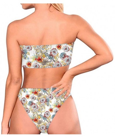 Sets Women Fashion Printed Bandeau Bikini Set Strapless High Cut Swimsuit - Flower 6 - C018QYC33W0