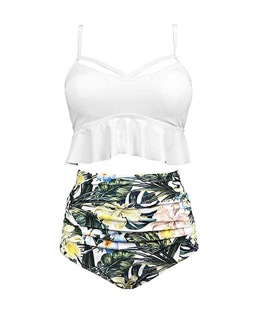 Tankinis Women Floral Print High Waisted Swimsuits Tummy Control Two Piece Tankini with Push Up(S-5XL)(FBA) - White - C218T0T...