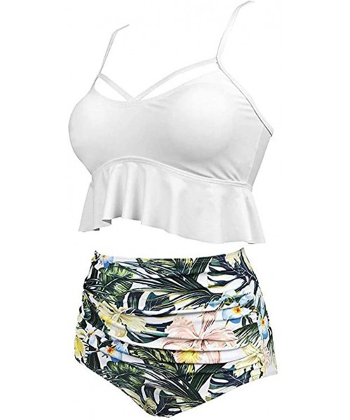 Tankinis Women Floral Print High Waisted Swimsuits Tummy Control Two Piece Tankini with Push Up(S-5XL)(FBA) - White - C218T0T...