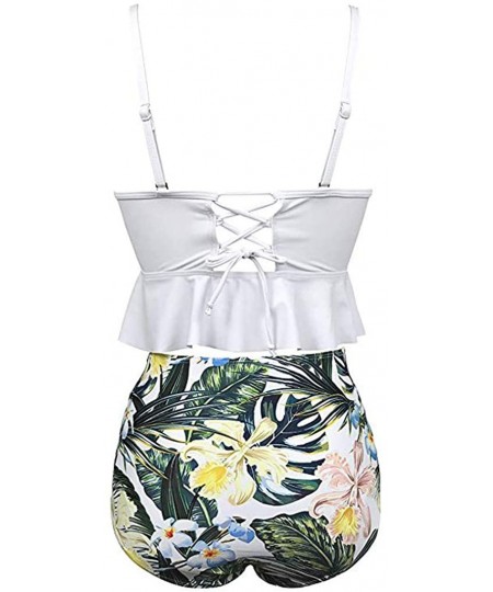 Tankinis Women Floral Print High Waisted Swimsuits Tummy Control Two Piece Tankini with Push Up(S-5XL)(FBA) - White - C218T0T...