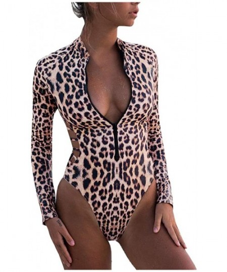 One-Pieces Women's Long Sleeve Bikini Leopard Print Set Swimsuit One Piece Filled Bra Swimwear Beachwear - Brown - CO194R582AE