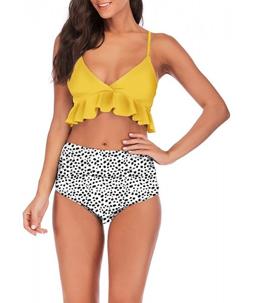 Sets Swimsuit for Women Two Pieces Bathing Suits Top Ruffled Racerback with High Waisted Bottom Bikini Set Yellow and Dots - ...