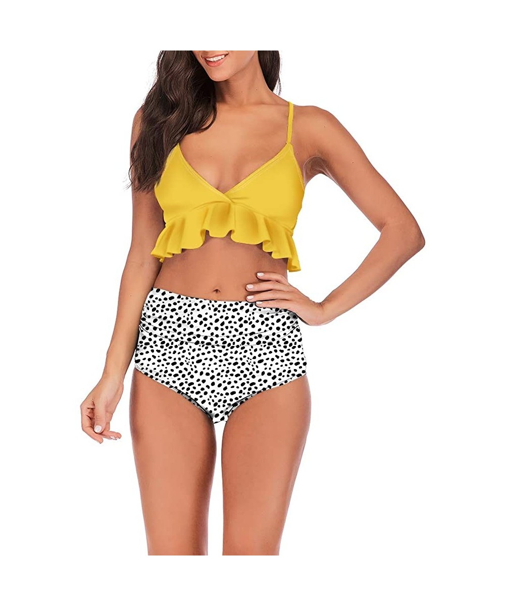 Sets Swimsuit for Women Two Pieces Bathing Suits Top Ruffled Racerback with High Waisted Bottom Bikini Set Yellow and Dots - ...