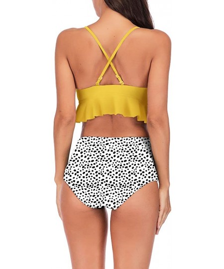 Sets Swimsuit for Women Two Pieces Bathing Suits Top Ruffled Racerback with High Waisted Bottom Bikini Set Yellow and Dots - ...