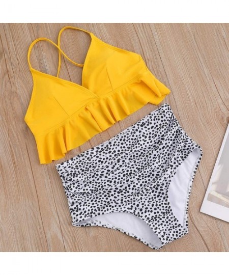 Sets Swimsuit for Women Two Pieces Bathing Suits Top Ruffled Racerback with High Waisted Bottom Bikini Set Yellow and Dots - ...