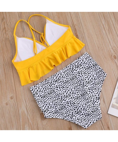 Sets Swimsuit for Women Two Pieces Bathing Suits Top Ruffled Racerback with High Waisted Bottom Bikini Set Yellow and Dots - ...