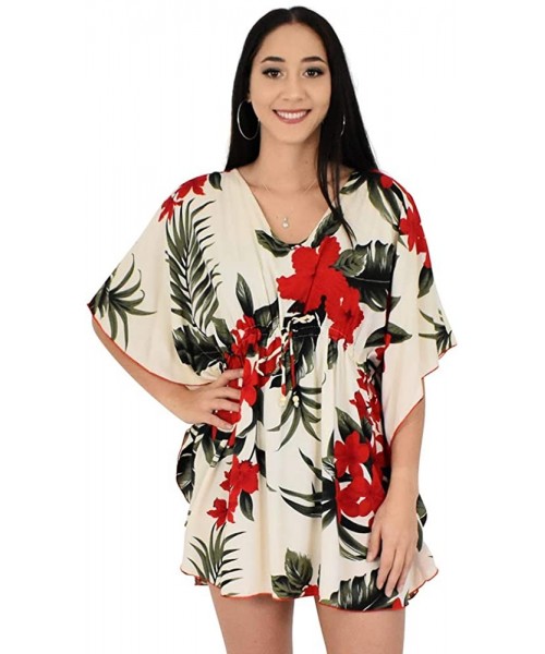 Cover-Ups Island Style Clothing Ladies Short Kaftan Floral Leaf Hawaiian Print Swimsuit Cover Ups - Cream & Red Leaf - C518U0...