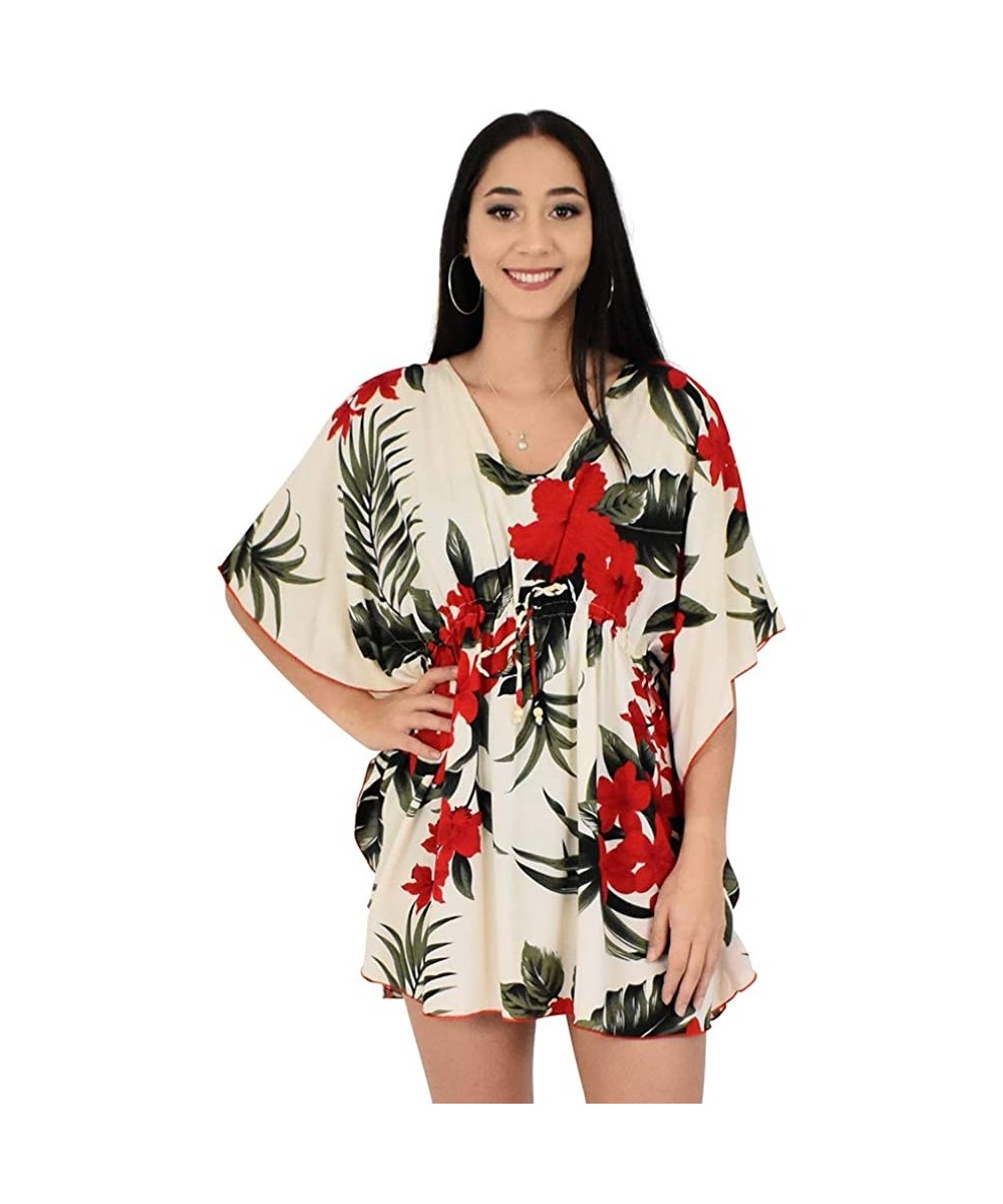 Cover-Ups Island Style Clothing Ladies Short Kaftan Floral Leaf Hawaiian Print Swimsuit Cover Ups - Cream & Red Leaf - C518U0...