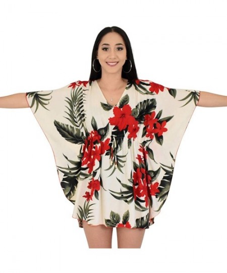 Cover-Ups Island Style Clothing Ladies Short Kaftan Floral Leaf Hawaiian Print Swimsuit Cover Ups - Cream & Red Leaf - C518U0...