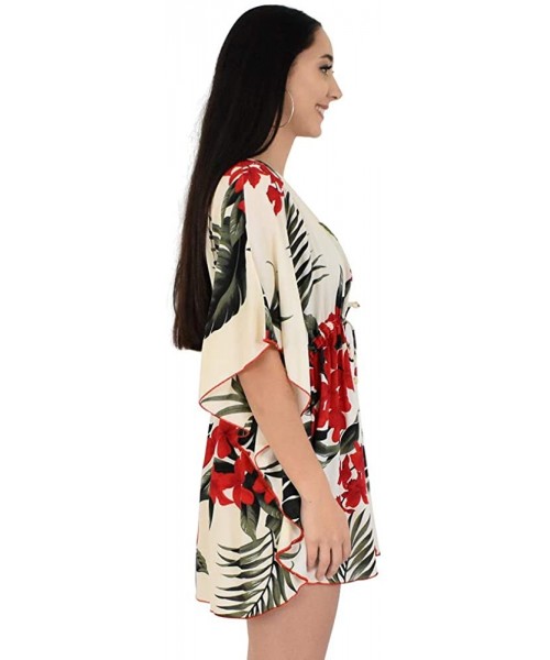 Cover-Ups Island Style Clothing Ladies Short Kaftan Floral Leaf Hawaiian Print Swimsuit Cover Ups - Cream & Red Leaf - C518U0...