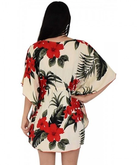 Cover-Ups Island Style Clothing Ladies Short Kaftan Floral Leaf Hawaiian Print Swimsuit Cover Ups - Cream & Red Leaf - C518U0...