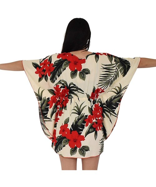 Cover-Ups Island Style Clothing Ladies Short Kaftan Floral Leaf Hawaiian Print Swimsuit Cover Ups - Cream & Red Leaf - C518U0...