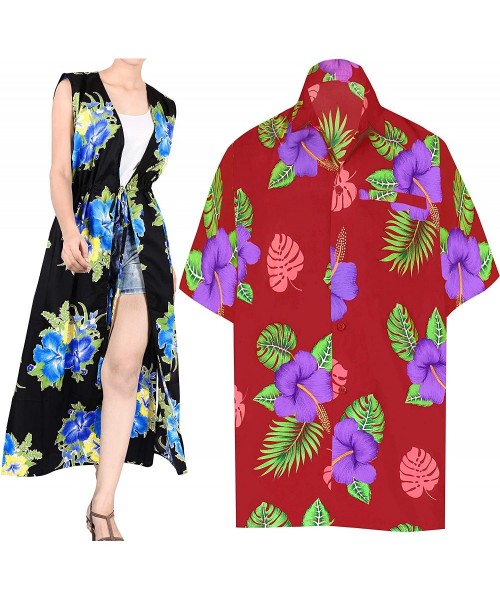 Cover-Ups Men's Hibiscus Flower Button Up Short Sleeve Hawaiian Shirt Women Casual Dress Maxi Kimono Cardigan Work from Home ...