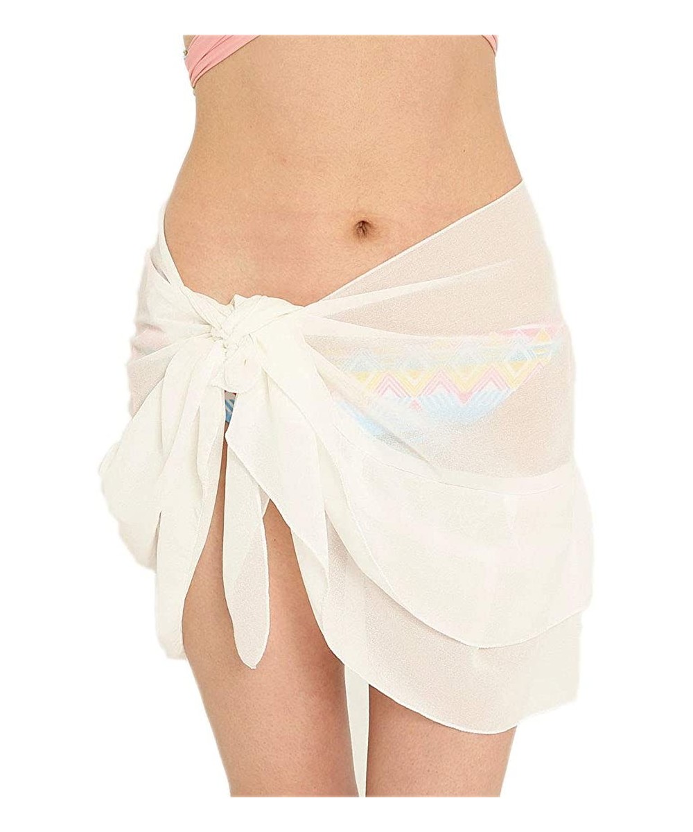 Cover-Ups Womens Short Sarong Soft Wrap Beach Swimsuit Cover Up Pareo Swimwear Skirt - White 2 Layers - CD18H9LUARC