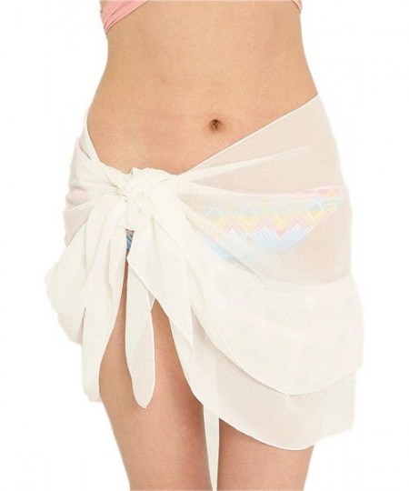 Cover-Ups Womens Short Sarong Soft Wrap Beach Swimsuit Cover Up Pareo Swimwear Skirt - White 2 Layers - CD18H9LUARC