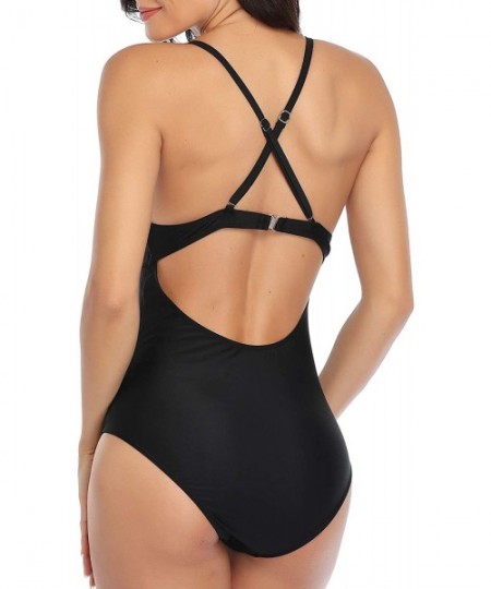 One-Pieces Women One Piece Swimsuit Lace Up V Neck Cross Back Monokini Bathing Suit - Black - CL194LKWLY4