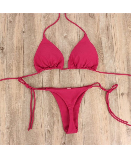 Sets Swimwear for Womens- Summer Beach Bandeau Bandage Set Push-Up Brazilian Beachwear Tankini Bikini - Wine - CB18O2HALOH