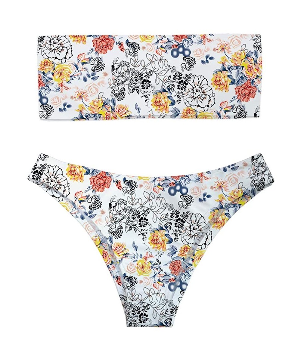 Sets Women Fashion Printed Bandeau Bikini Set Strapless High Cut Swimsuit - Flower 9 - C518OL7XYZO