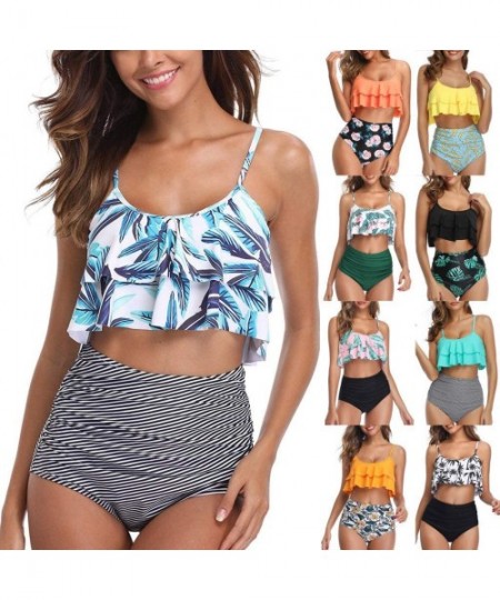 Tankinis Women Two Piece Bikini Set Print Hight Waist Bandage Push-Up Swimwear Beachwear Swimsuit - A-gray - CF194GU6607