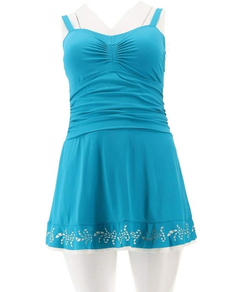 One-Pieces Beach Ruched Swim Dress Laser Cut Hem A303945 - Teal - CN18T9M5GI8