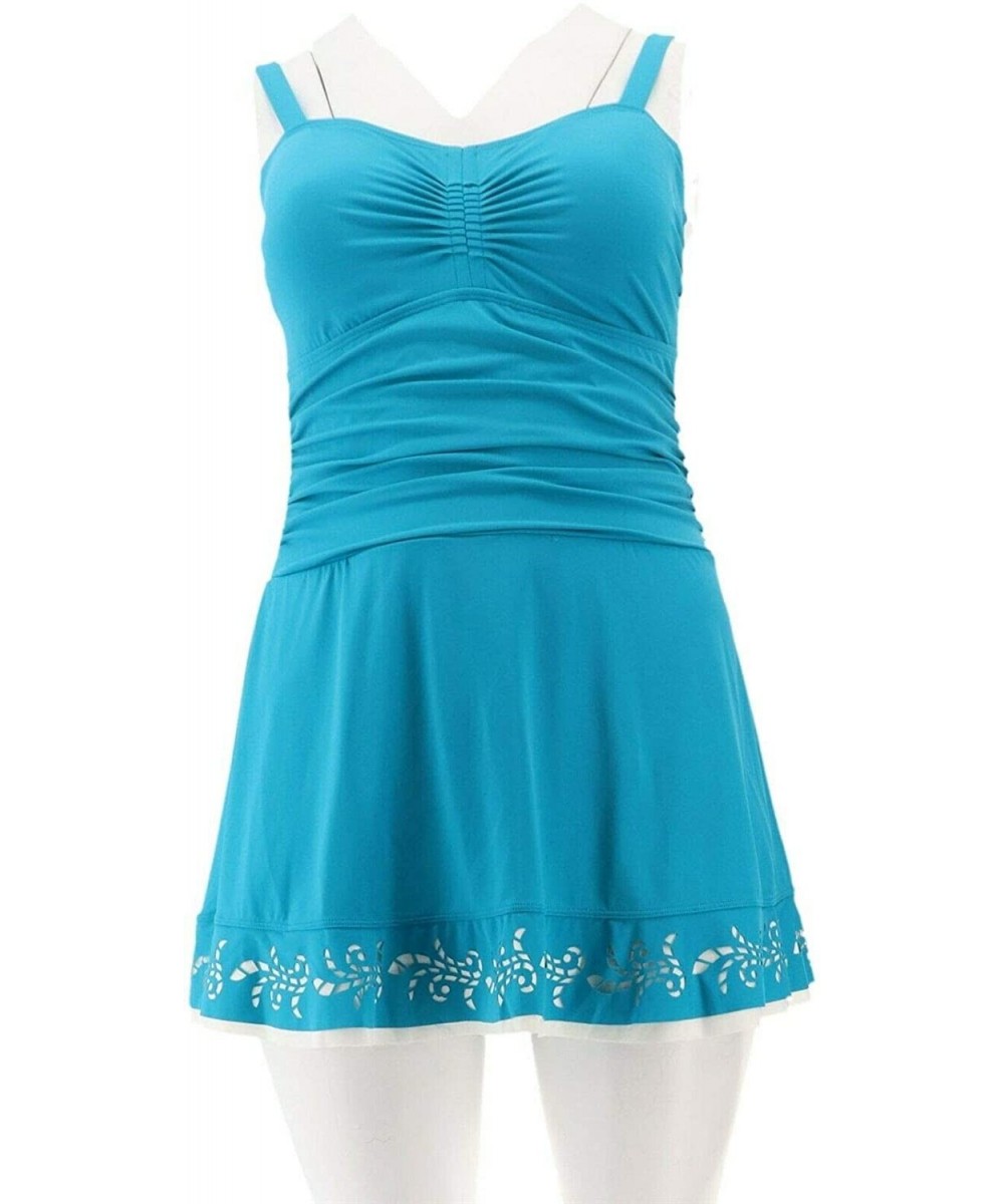 One-Pieces Beach Ruched Swim Dress Laser Cut Hem A303945 - Teal - CN18T9M5GI8