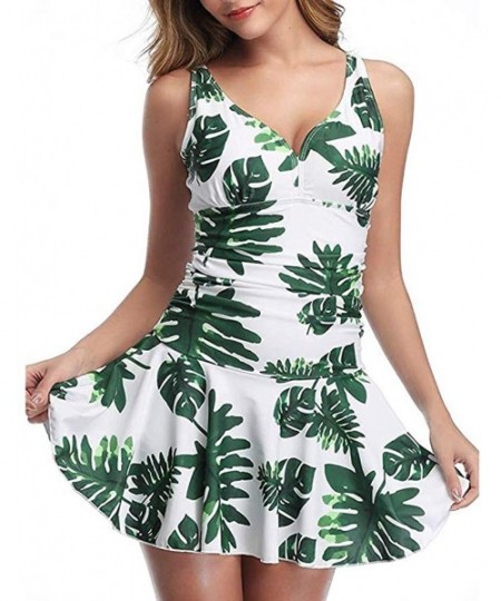 One-Pieces Women's Elegant One Piece Swimdress Tummy Control Swimsuit Long Torso Floral Skirted Plus Size Bathing Suit Green2...