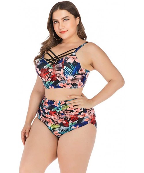 Sets One Piece Swimsuits for Women Sexy Plus Size Printed Contrast Color Strap Bikini One-Piece Swimsuit - Navy - C8193WD4X6Q