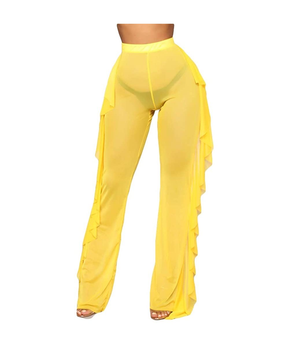 Bottoms Women's See Through Sheer Mesh High Waist Wide Leg Palazzo Pants Swimsuit Bikini Bottom Cover up - Yellow(ruffle) - C...