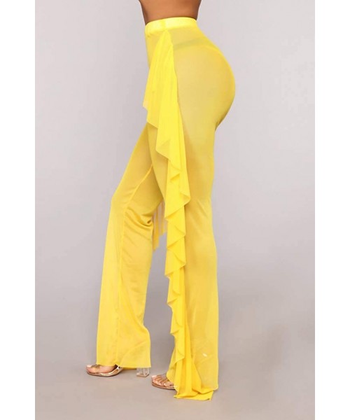 Bottoms Women's See Through Sheer Mesh High Waist Wide Leg Palazzo Pants Swimsuit Bikini Bottom Cover up - Yellow(ruffle) - C...