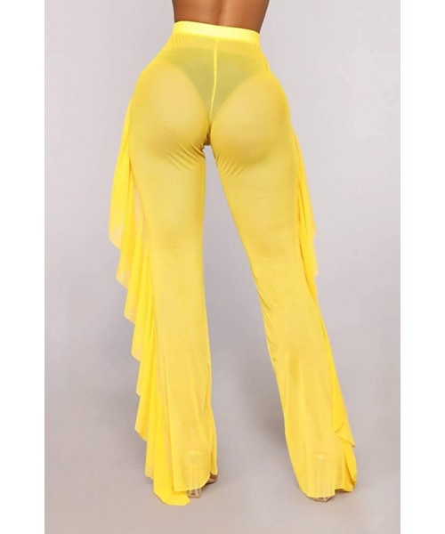 Bottoms Women's See Through Sheer Mesh High Waist Wide Leg Palazzo Pants Swimsuit Bikini Bottom Cover up - Yellow(ruffle) - C...