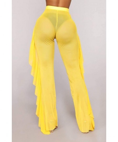 Bottoms Women's See Through Sheer Mesh High Waist Wide Leg Palazzo Pants Swimsuit Bikini Bottom Cover up - Yellow(ruffle) - C...