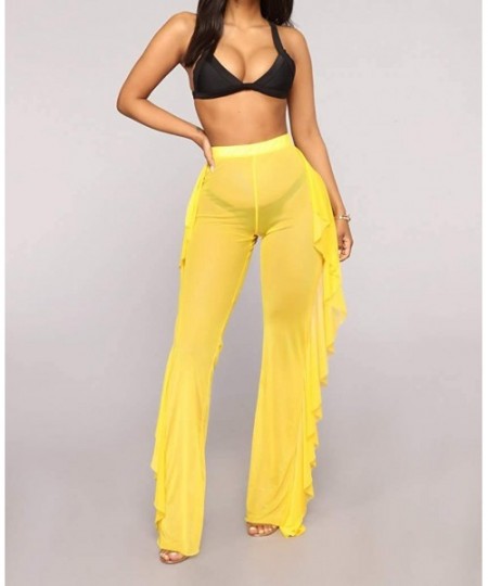 Bottoms Women's See Through Sheer Mesh High Waist Wide Leg Palazzo Pants Swimsuit Bikini Bottom Cover up - Yellow(ruffle) - C...